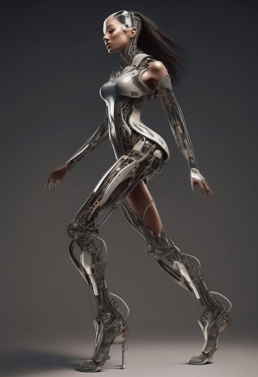 a full length image of a cyborg woman wearing high heels, rendered in octane with biomechanical details