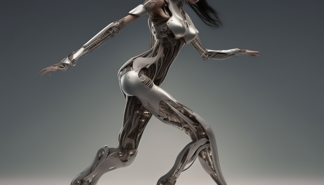 a full body image of a cyborg woman in high heels rendered in octane with biomechanical details, photo realistic