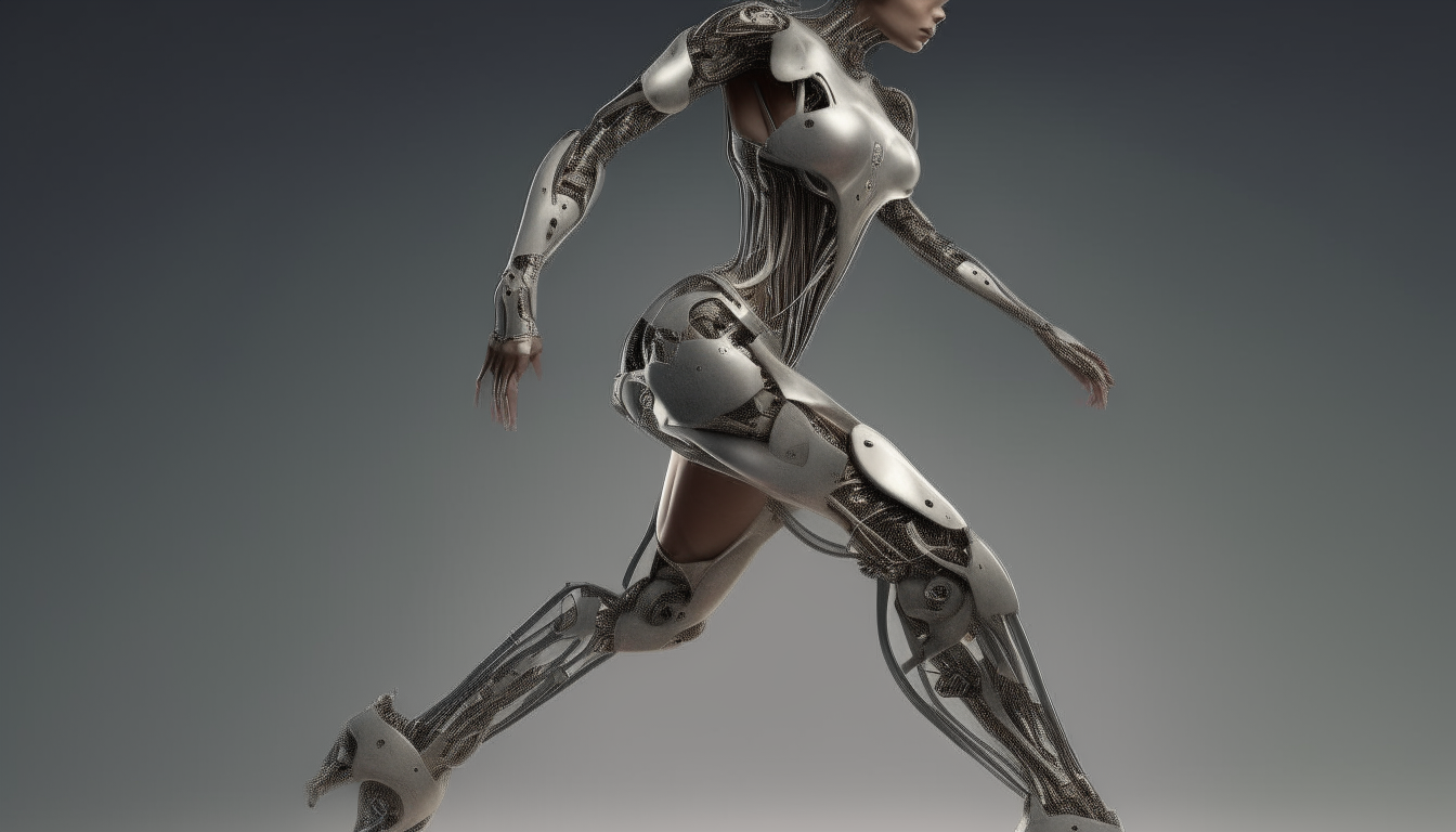 a full body image of a cyborg woman in high heels rendered in octane with biomechanical details, photo realistic