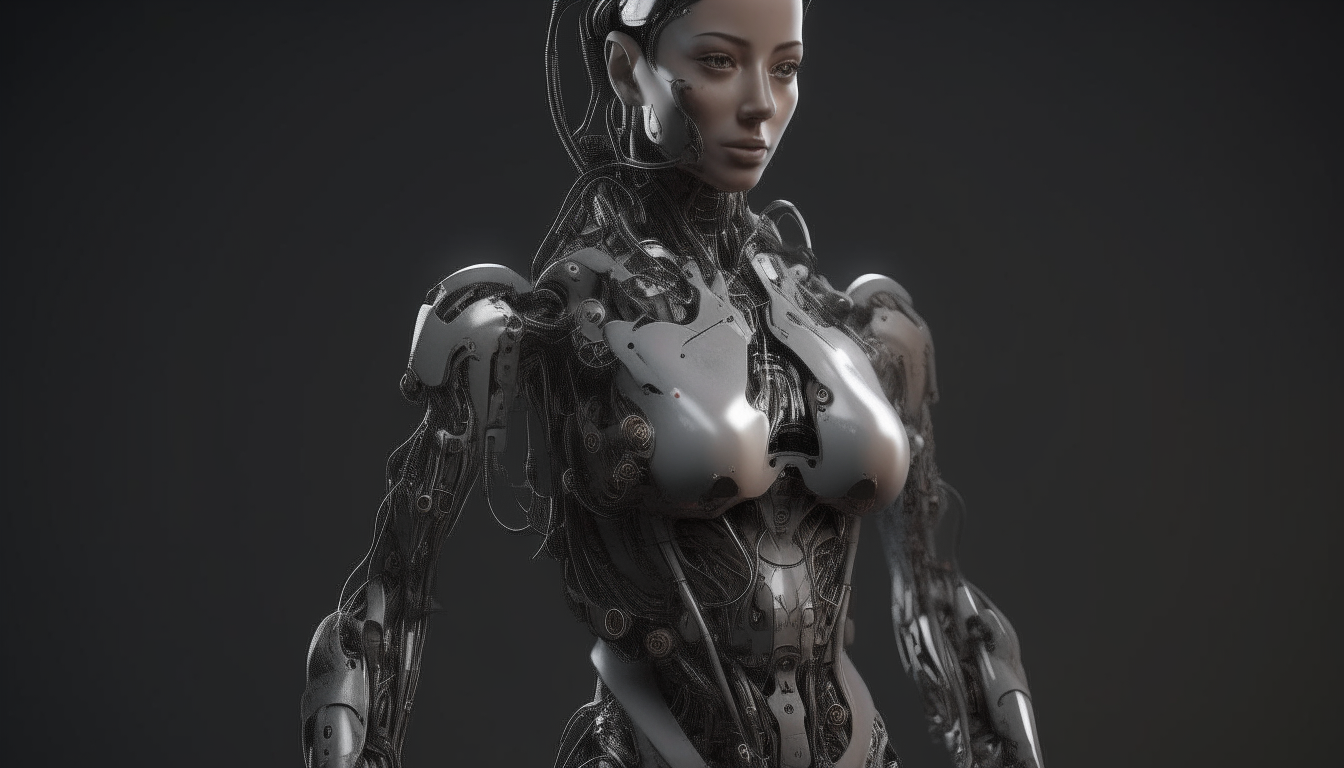 a full body portrait of a beautiful cyborg woman rendered realistically in octane with biomechanical details