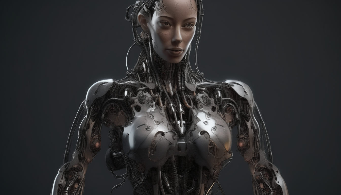 a full body portrait of a beautiful cyborg woman rendered realistically in octane with biomechanical details