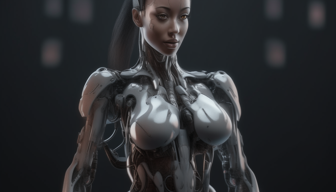 a full body portrait of a beautiful cyborg woman standing in front of a realistic octane rendered nighttime city street