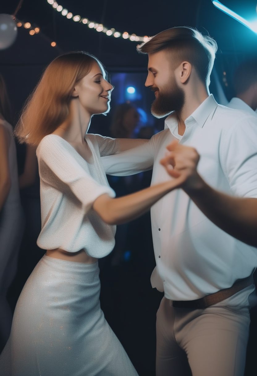 A large, clear video of a white man dancing with his girlfriend at a disco party 