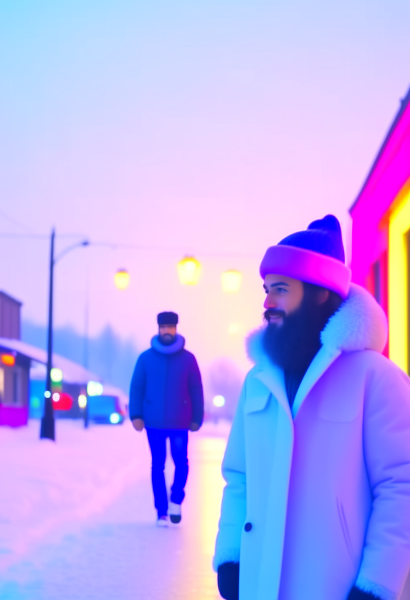 A clear and large video of a man wearing a snow hat with his girlfriend as they walk and move on a road inside the city and snow falls on them 