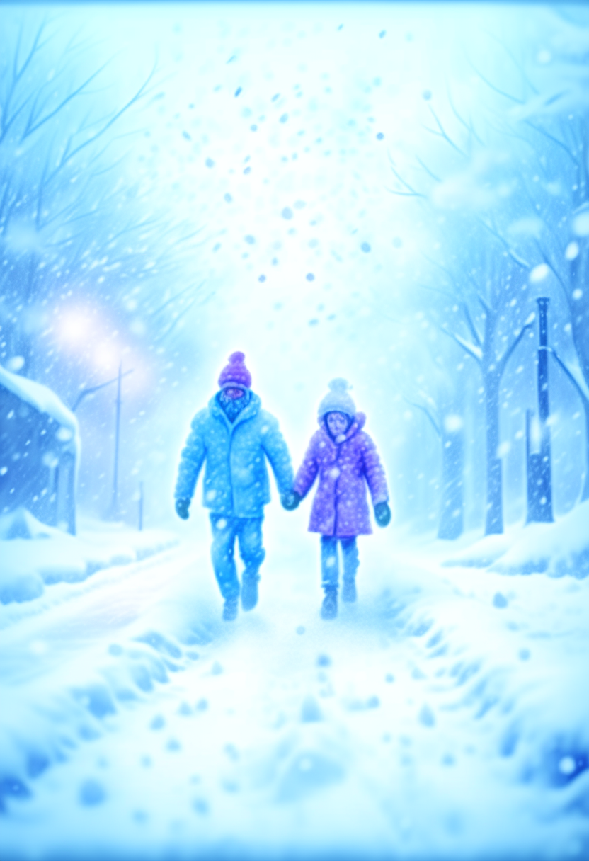 A clear and large video of a man wearing a snow hat with his girlfriend as they walk and move on a road inside the city and snow falls on them 