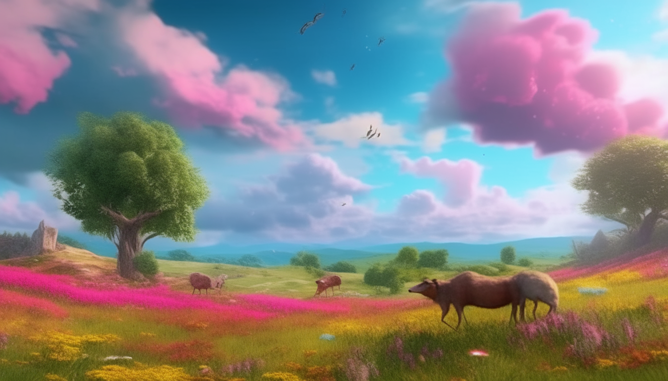 A collection of many ancient animals of various kinds, in the grassland, with trees, moving flowers, moving clouds, best quality, fantasy art, realistic, 4k resolution