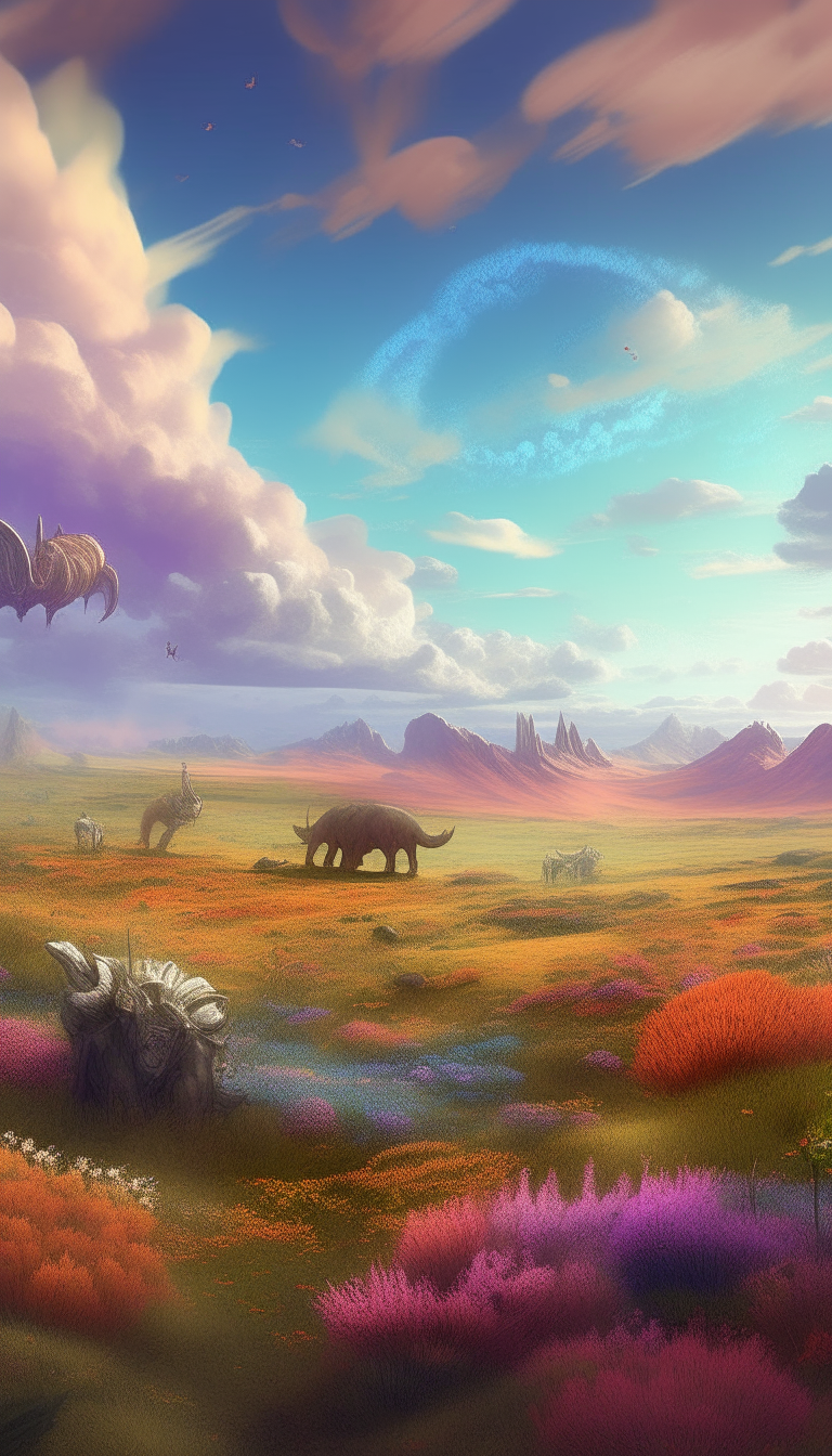 A collection of many ancient animals of various kinds, in the grassland, with trees, moving flowers, moving clouds, best quality, fantasy art, realistic, 4k resolution, 9:16 ratic