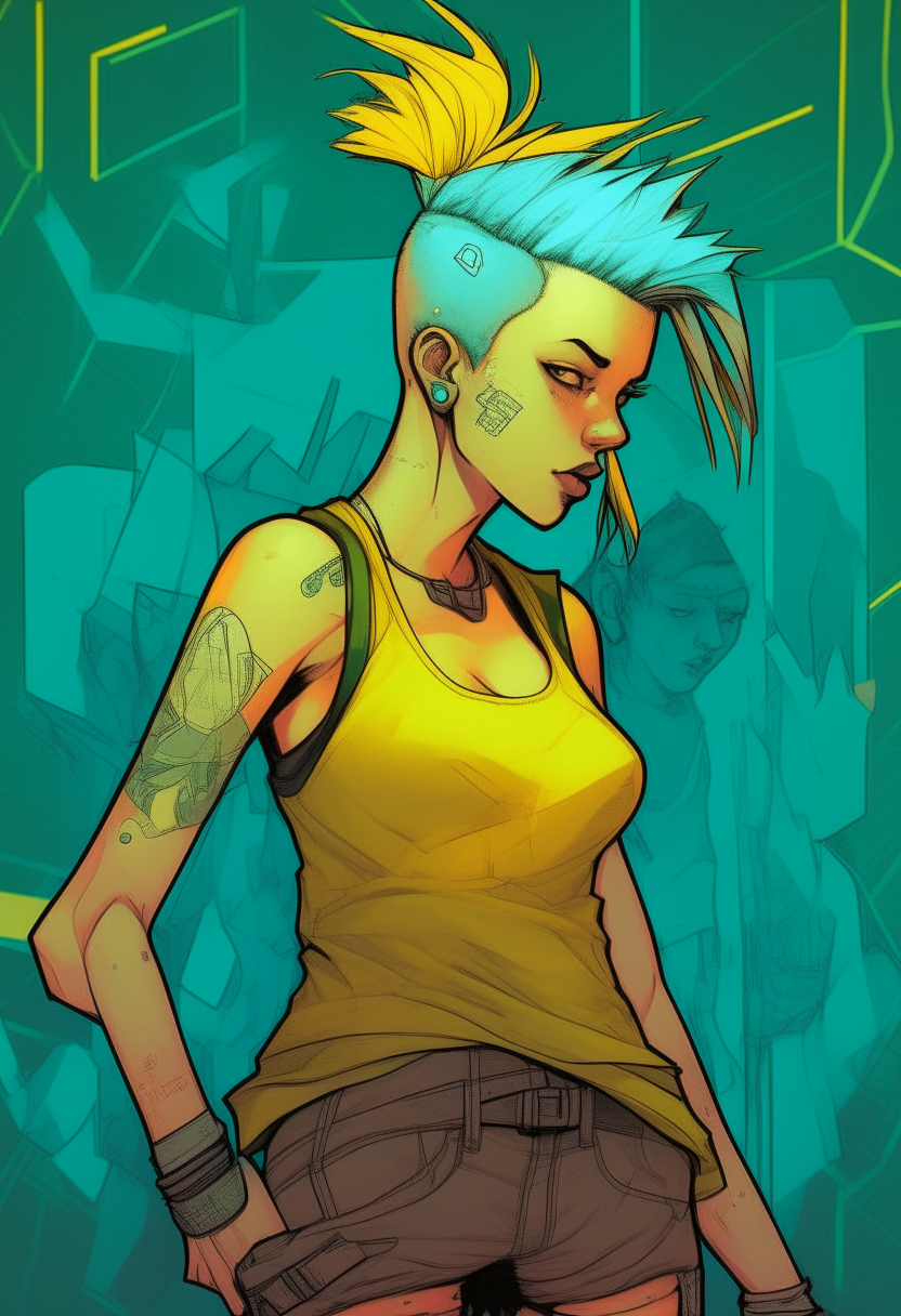 full body dynamic character art manga female character turquoise hair undercut combed-over hairstyle shaved temples icey blue eyes face resembles Natalie Dormer wears yellow tanktop low-rise grey shorts yellow hightops art by Dike Ruan background neon cyber city painted by artgerm