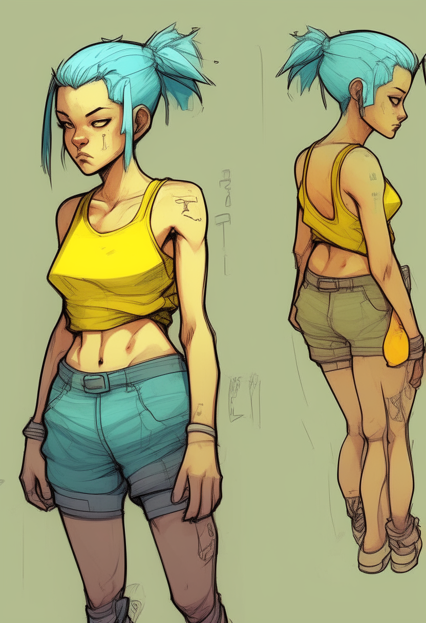 manga female character head to toe full body dynamic character art manga female character turquoise hair undercut combed-over hairstyle shaved temples icey blue eyes face resembles Natalie Dormer wears yellow tanktop low-rise grey shorts yellow hightops bodytype ripped cut CrossFit athlete very muscular thighs art by Dike Ruan background neon cyber city painted by artgerm
