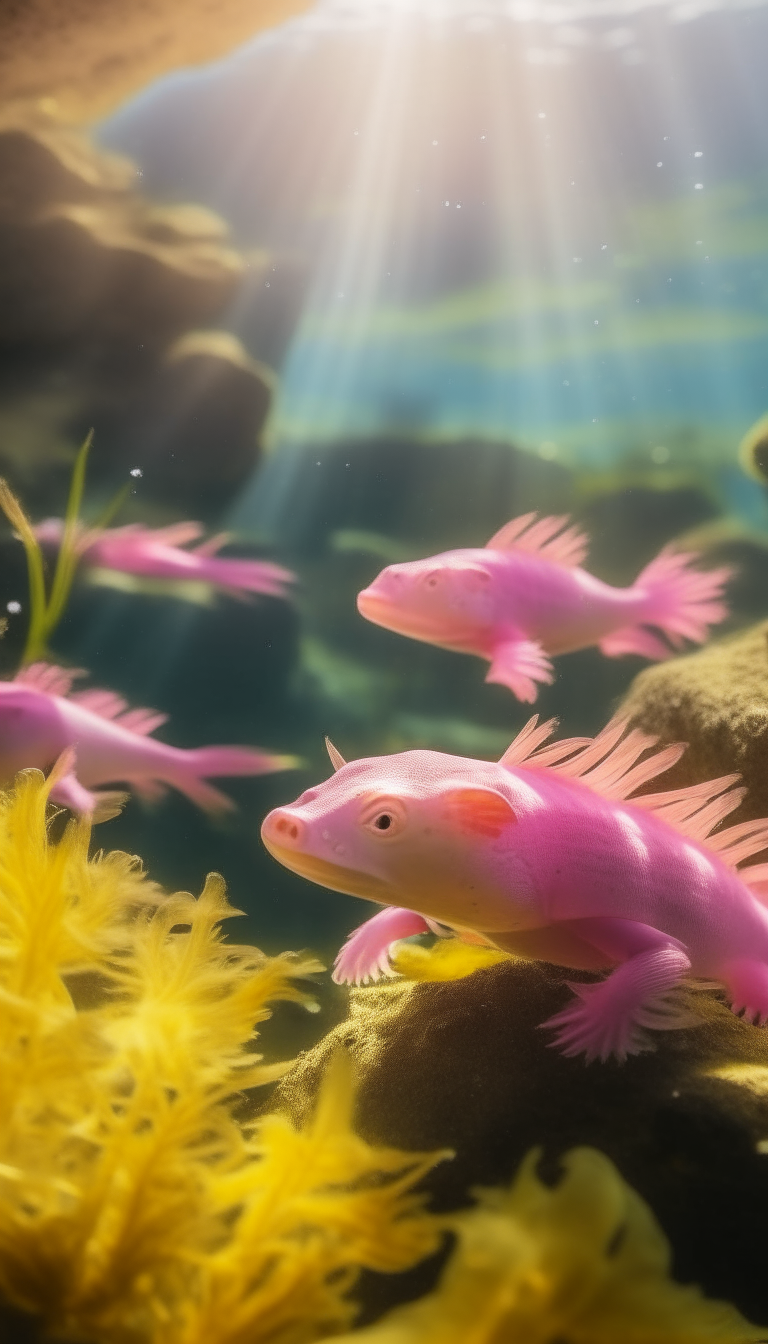 Axolotls swimming in water, best quality, fantasy art, realistic, 4k resolution, 9:16 ratic