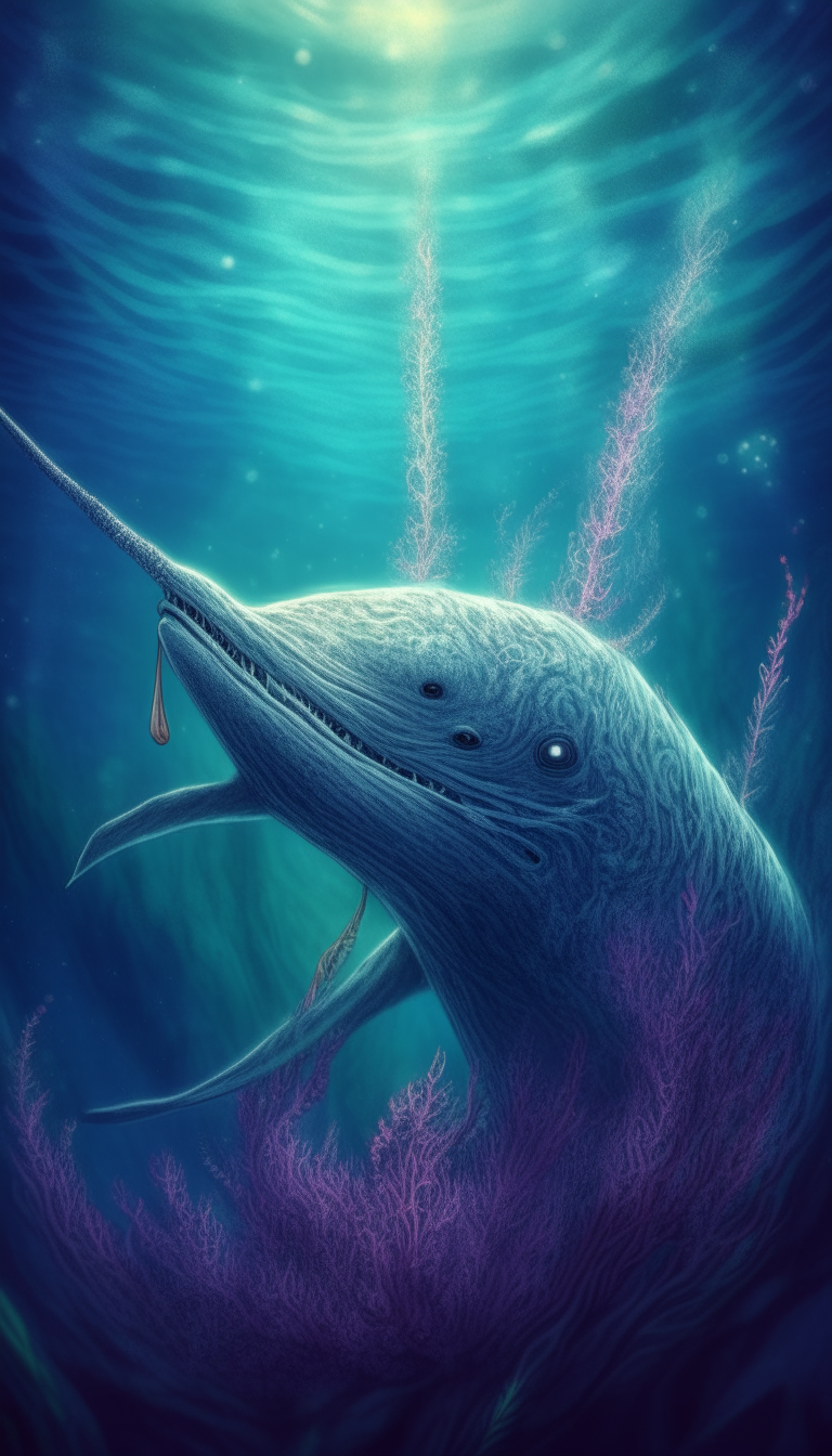 Narwhal swimming in deep ocean, , best quality, fantasy art, realistic, 4k resolution, 9:16 ratic