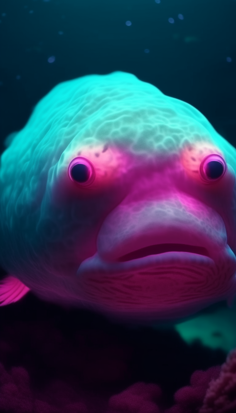 Blobfish in the deep, dark, terrible ocean, best quality, fantasy art, realistic, 4k resolution, 9:16 ratic