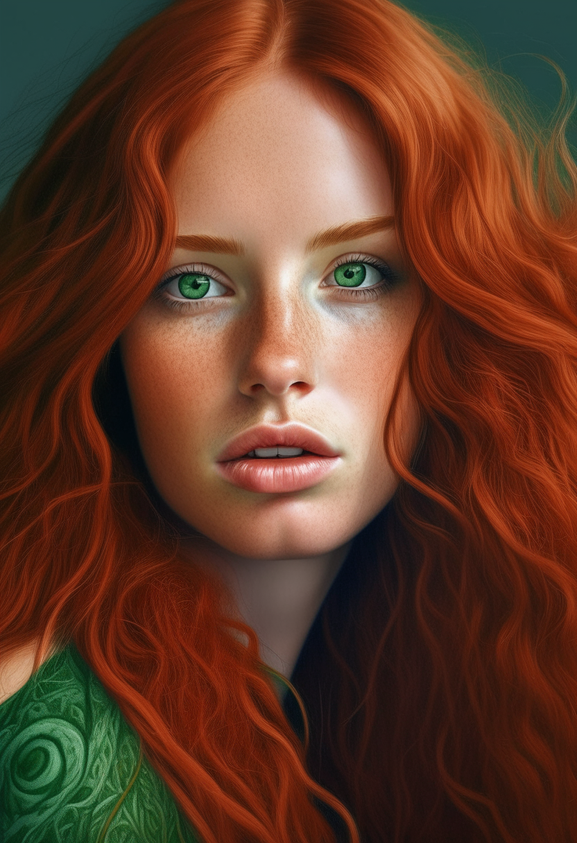 a portrait of a beautiful woman with long, wavy red hair, green eyes, and freckles on her cheeks, extremely detailed