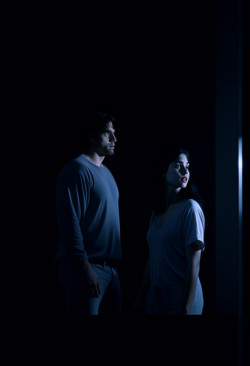 A full movie, clear and big, Gif of a white man with black hair, real features, wearing blue pants and a white flannel, with his girlfriend, who is thin in body, white in complexion, with brown hair, wearing black pants and a red flannel. Full clear and great at night and the light is dim 