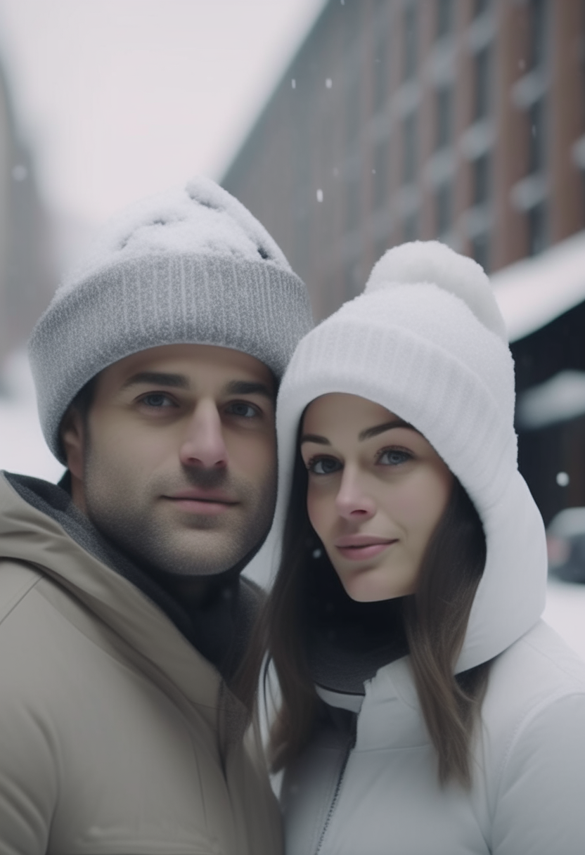 A large clear Gif video of a white man wearing a snow hat with his white girlfriend wearing a snow hat walking in the middle of the road inside the city towards the front with clear facial features and the weather is light snow falling during the day 