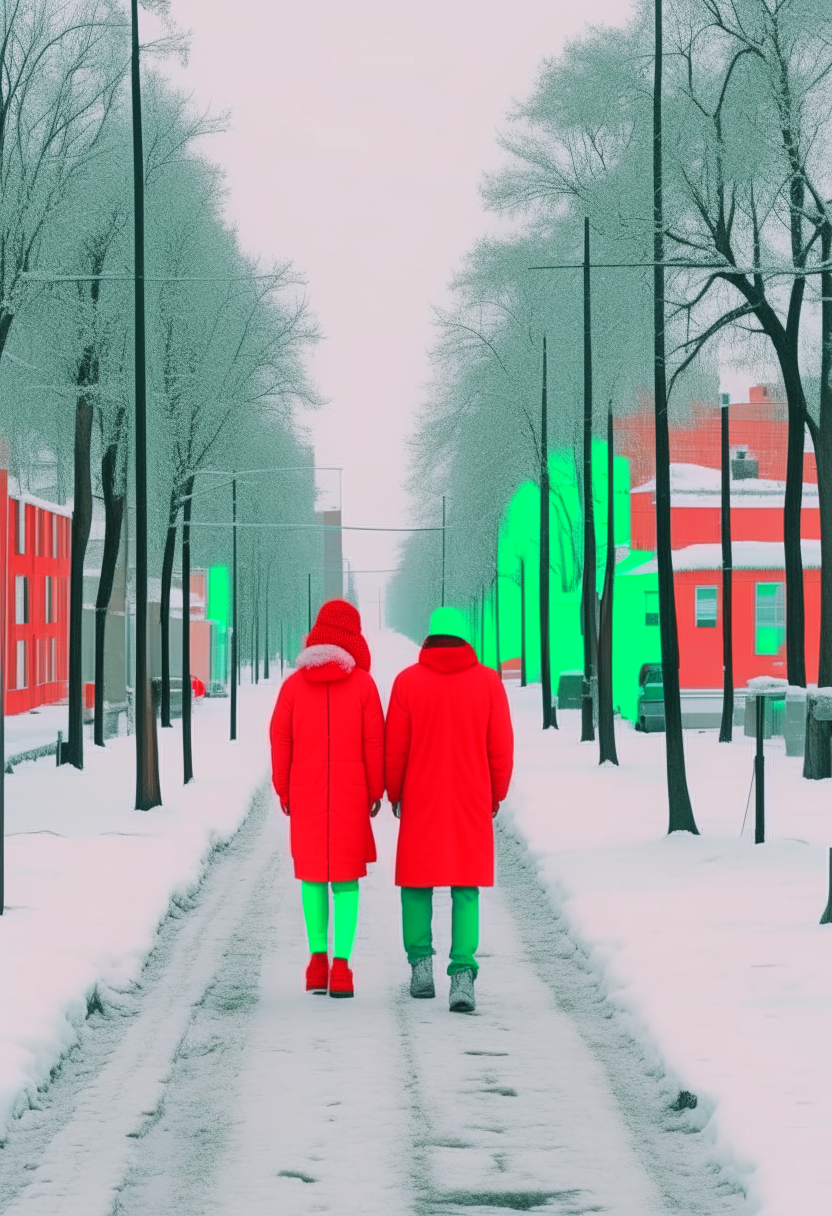 Full Video Gif HD Large Full Body Man In Blue Jacket And Snow Hat With Full Body Girlfriend Wearing Red Jacket And Snow Hat Walking In The Middle Of City Road In Light Snow Day 