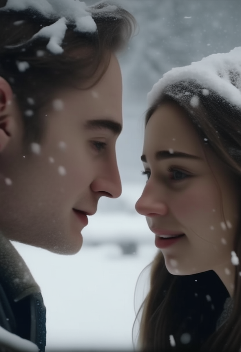 In a full, high-definition video, a snowy atmosphere for a white man's face and his white sweetheart, clear features, and snow falling during the day 