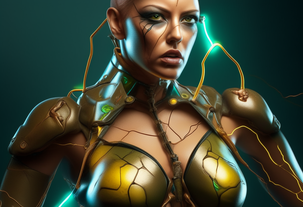 a lady supervillain Electro as a hot and gorgeous woman, Feminine, fierce, full body figure till the stomach, ultra realistic, 4k HDR, award winning photography, extreme photorealism, shiny oiled skin, extremely seductive, extremely human- like and detailed and realistic skin and texture, dynamic, highly detailed, extreme Photo-realistic, steampunk, non-deformed body and non-deformed face.