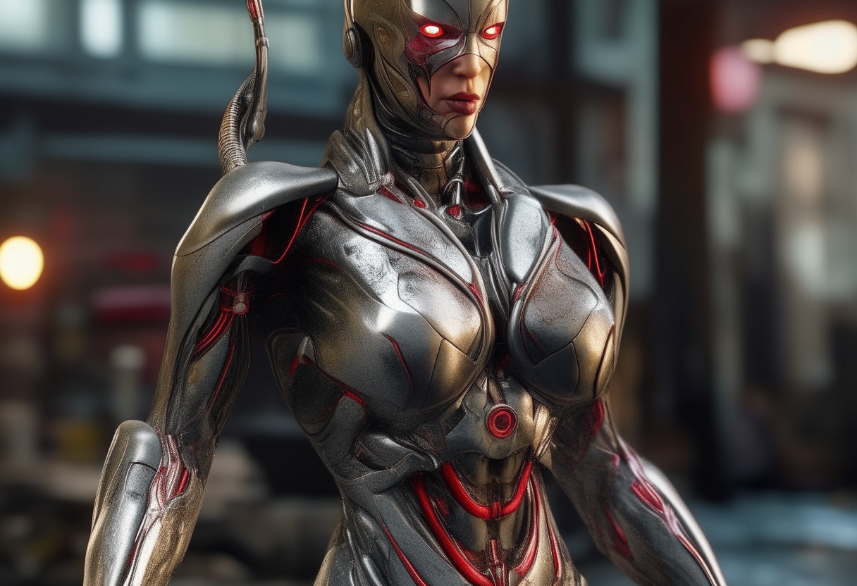 a lady supervillain Ultron as a hot and gorgeous woman, Feminine, fierce, full body figure till the stomach, ultra realistic, 4k HDR, award winning photography, extreme photorealism, shiny oiled skin, extremely seductive, extremely human- like and detailed and realistic skin and texture, dynamic, highly detailed, extreme Photo-realistic, steampunk, non-deformed body and non-deformed face.