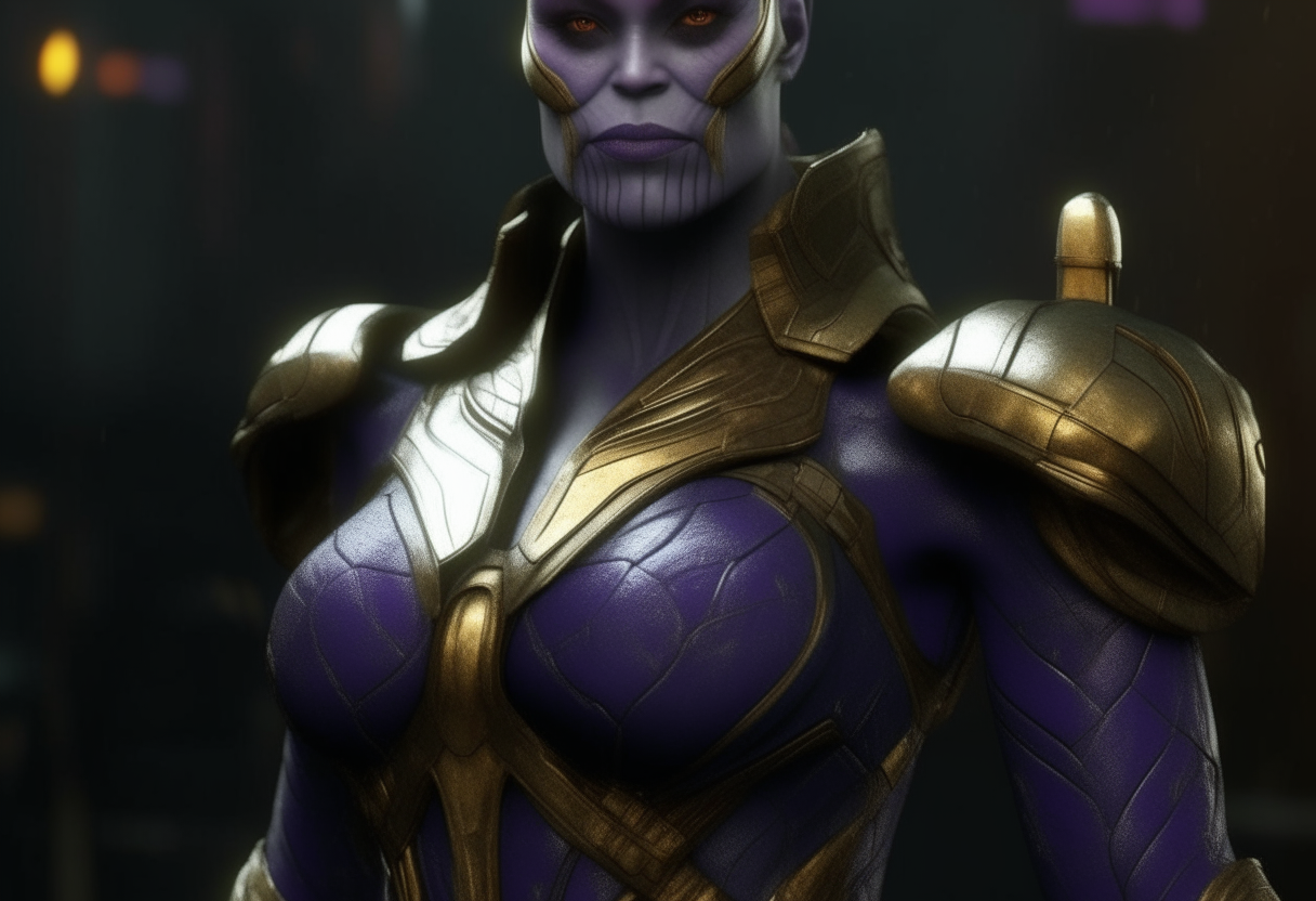 a lady supervillain Thanos as a hot and gorgeous woman, Feminine, fierce, full body figure till the stomach, ultra realistic, 4k HDR, award winning photography, photorealism, shiny oily skin, extremely seductive, highly detailed and realistic skin and texture, dynamic, highly detailed, Photo-realistic, steampunk,  non-deformed body and non-deformed face.