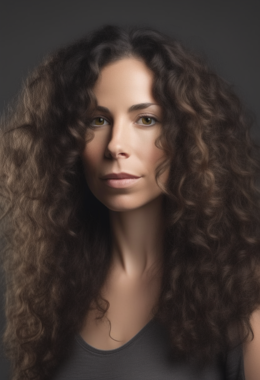 A beautiful brunette woman in her 30s with curly long hair
