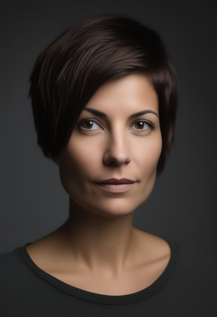 A beautiful brunette woman in her 30s with straight short hair