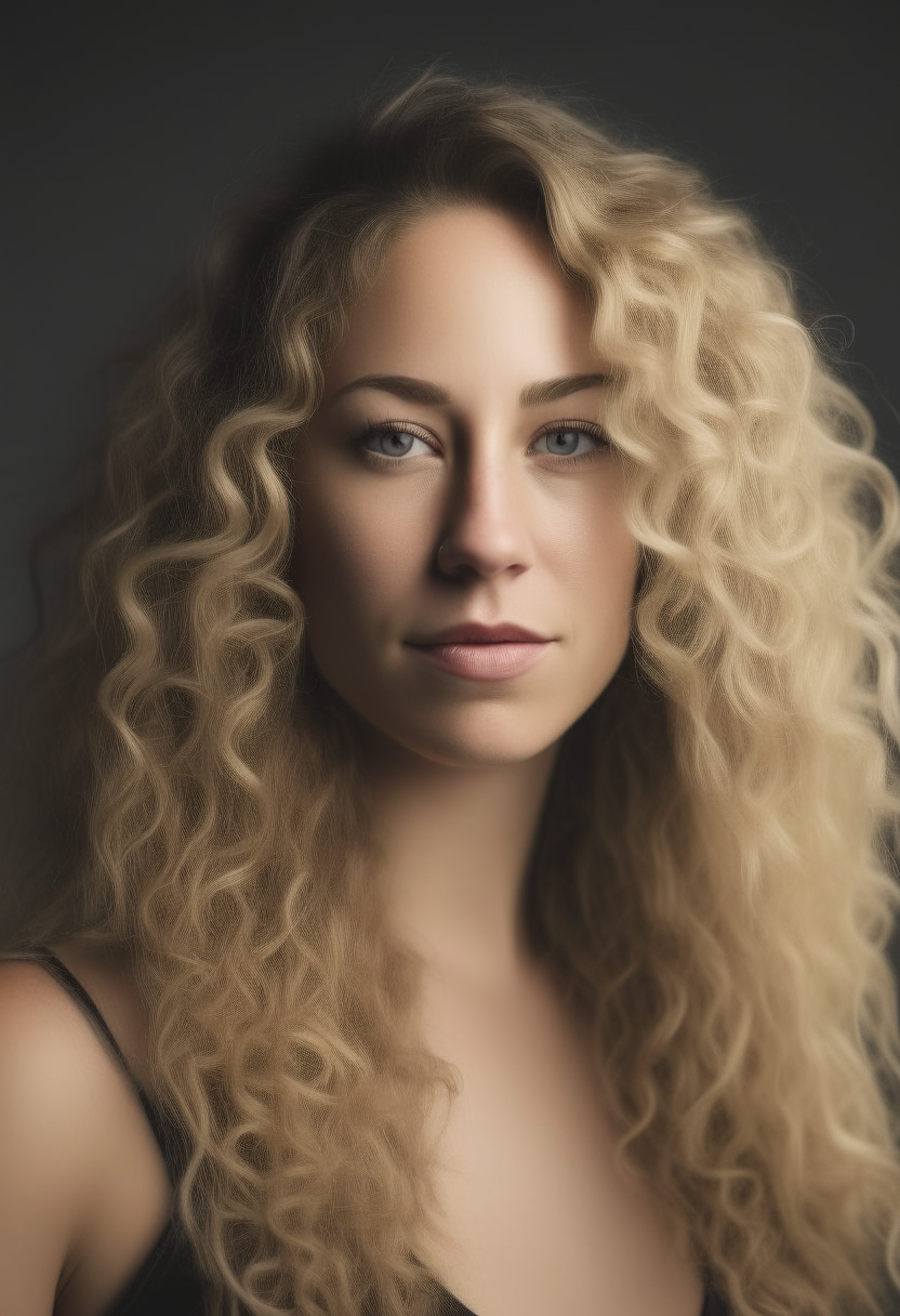 A beautiful blonde woman in her 30s with long curly hair looking at the camera 