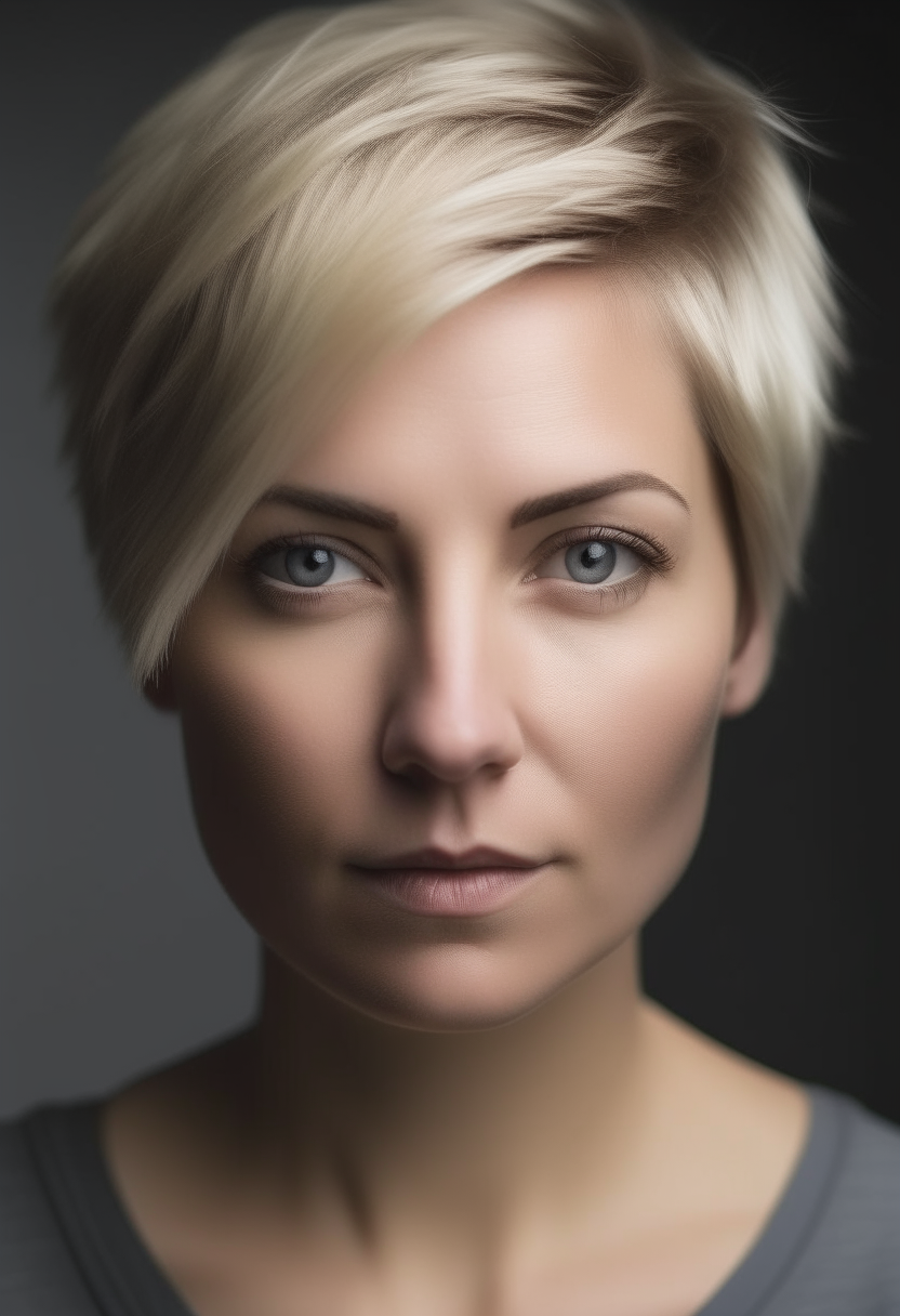 A beautiful blonde woman in her 30s with short hair looking at the camera 