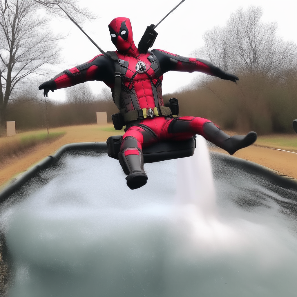 Un coche disfrazado de Deadpool volando por encima de una cascada