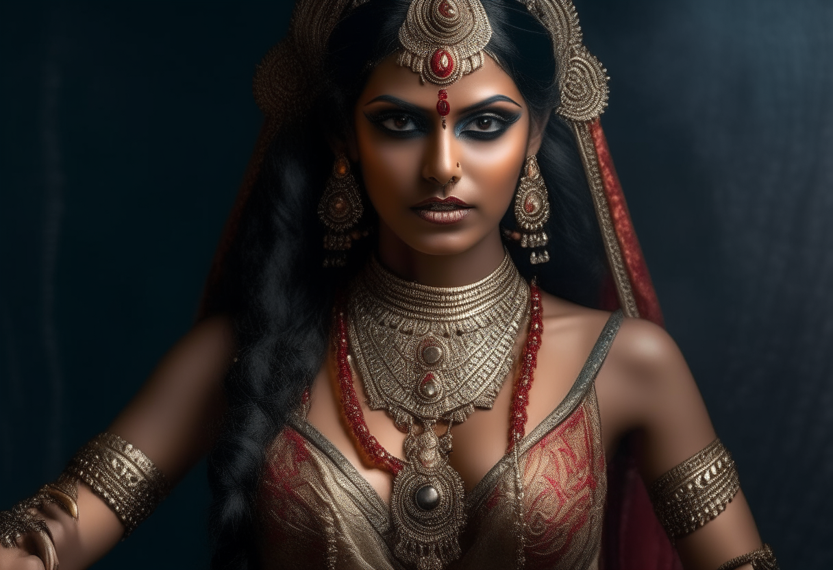 evil goddess from India as one hot and gorgeous 20-year-old woman, Feminine, fierce, apt costume, Full body, ultra realistic, 4k HDR, award winning photography, shiny oiled skin, extremely seductive, extremely detailed, extremely realistic skin, extremely realistic texture, Photo-realistic, cinematic, real life-like, HD-smooth Upscaled, 