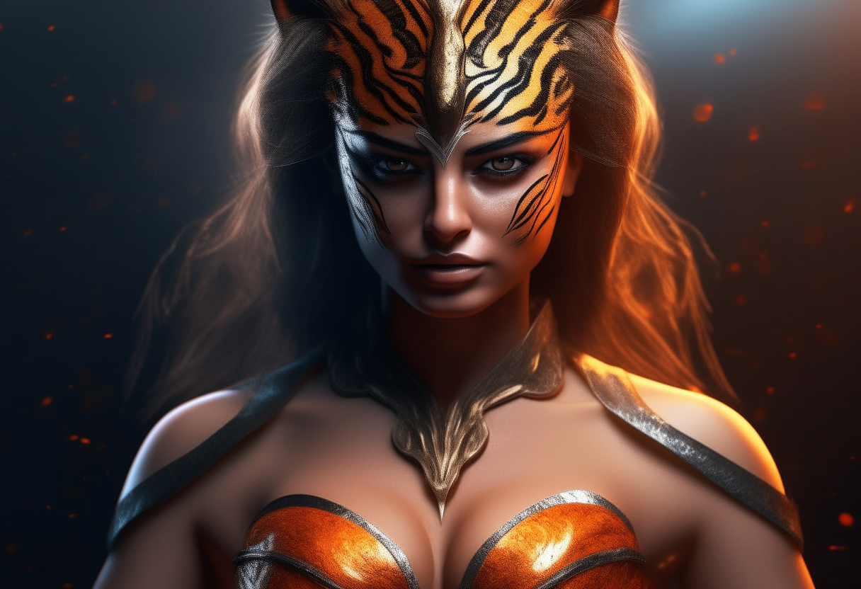 one hot and gorgeous 20-year-old evil goddess who looks like a tiger, Feminine, fierce, apt costume, Full body, ultra realistic, 4k HDR, award winning photography, shiny oiled skin, extremely seductive, extremely detailed, extremely realistic skin, extremely realistic texture, Photo-realistic, cinematic, real life-like, HD-smooth Upscaled