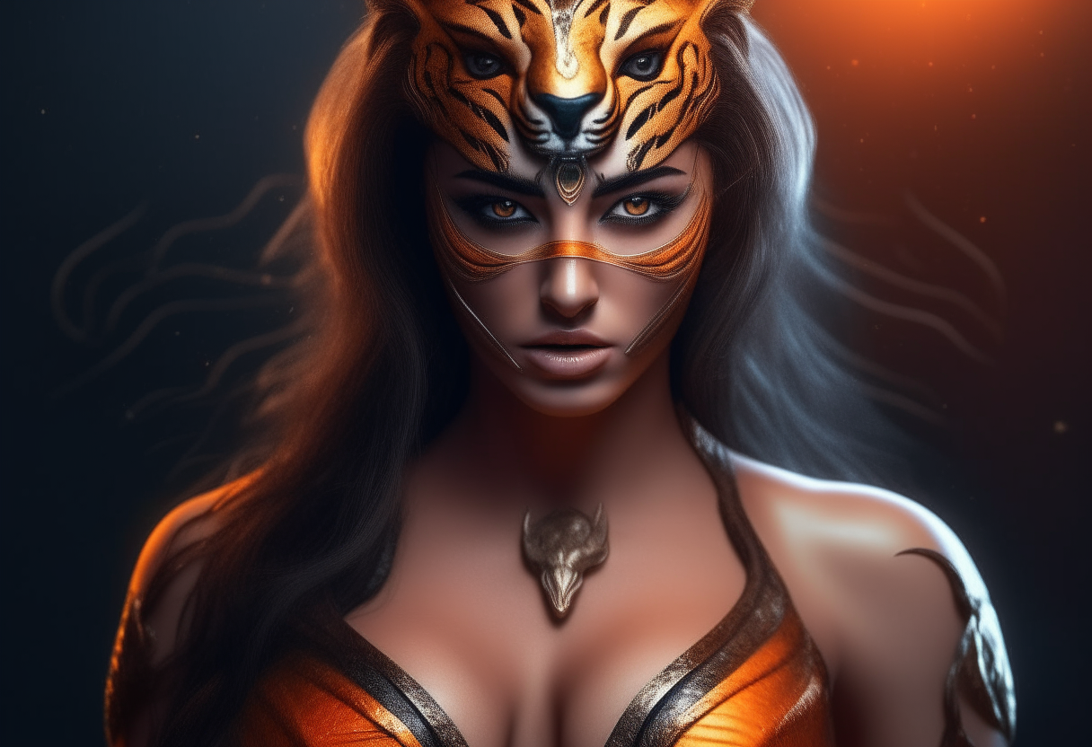 one hot and gorgeous 20-year-old evil goddess who looks like a tiger, Feminine, fierce, apt costume, Full body, ultra realistic, 4k HDR, award winning photography, shiny oiled skin, extremely seductive, extremely detailed, extremely realistic skin, extremely realistic texture, Photo-realistic, cinematic, real life-like, HD-smooth Upscaled, Hyper-realistic