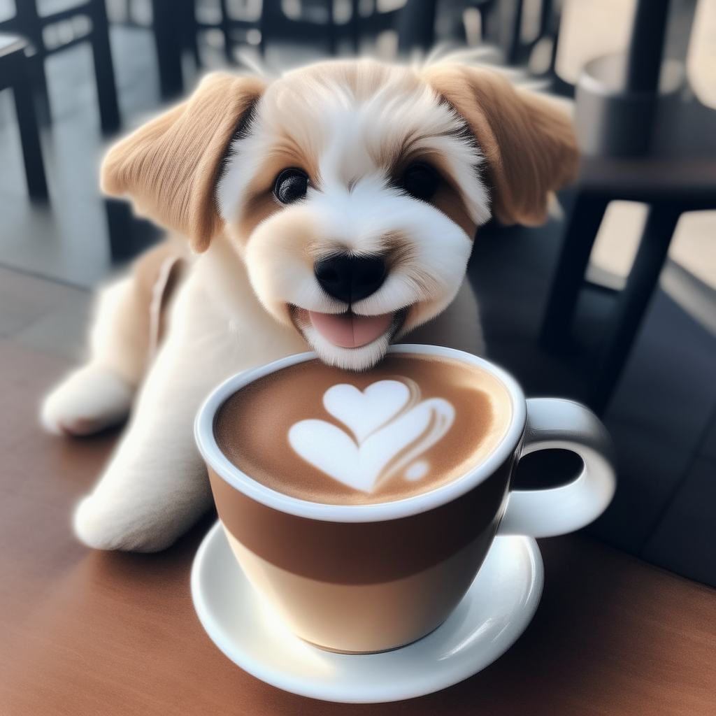 a happy puppy drinking a latte with heart-shaped foam art