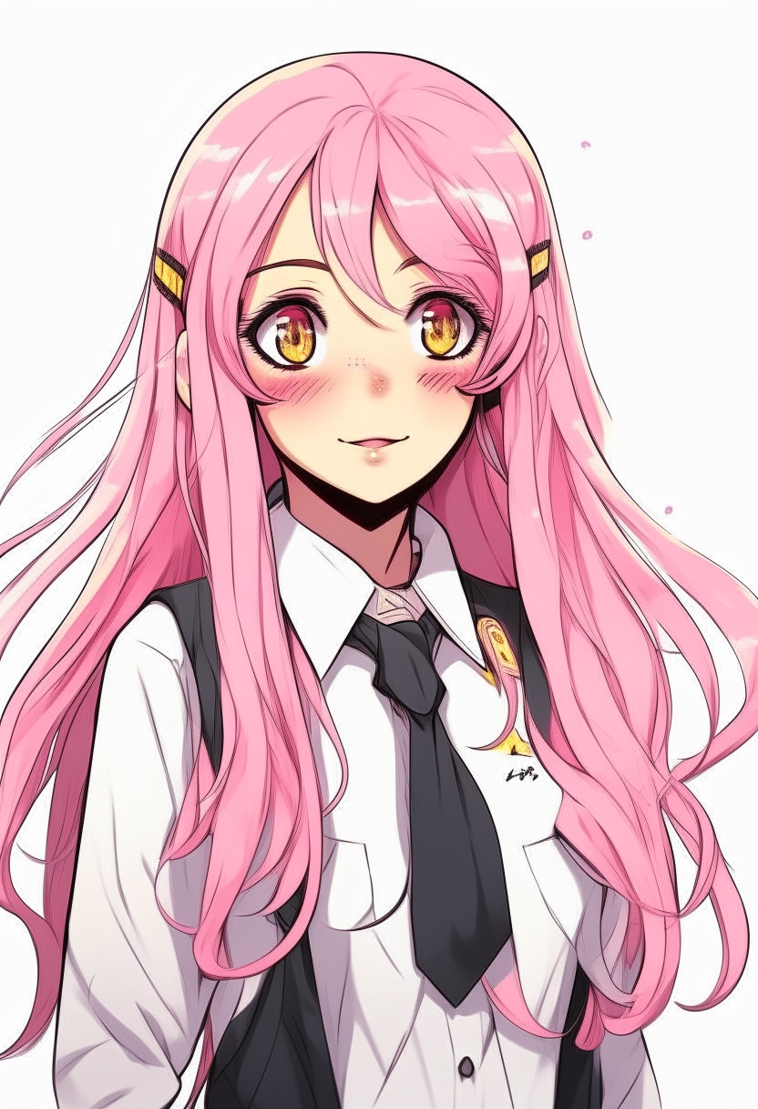a beautiful female manga character with long pink hair, big expressive eyes, wearing a school uniform