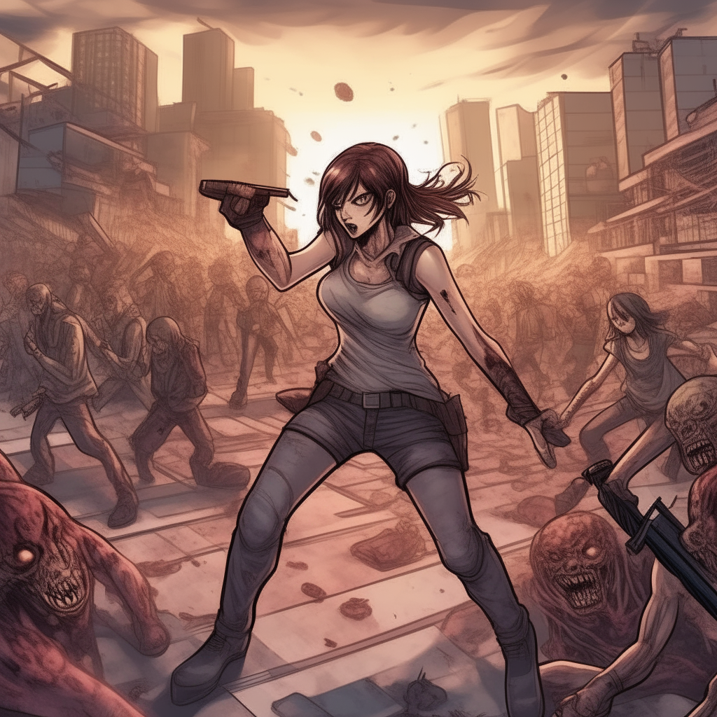 A wide angle view of an intense manga action scene where a fierce woman fights against an army of zombies in a desolate cityscape, very detailed digital painting