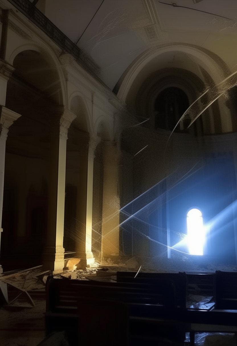 de noche con relampagos, un fuerte viento azotó en el interior del la iglesia, haciendo que las ventanas se abrieran y la VELA se apago dejando a la iglesia en total oscuridad.