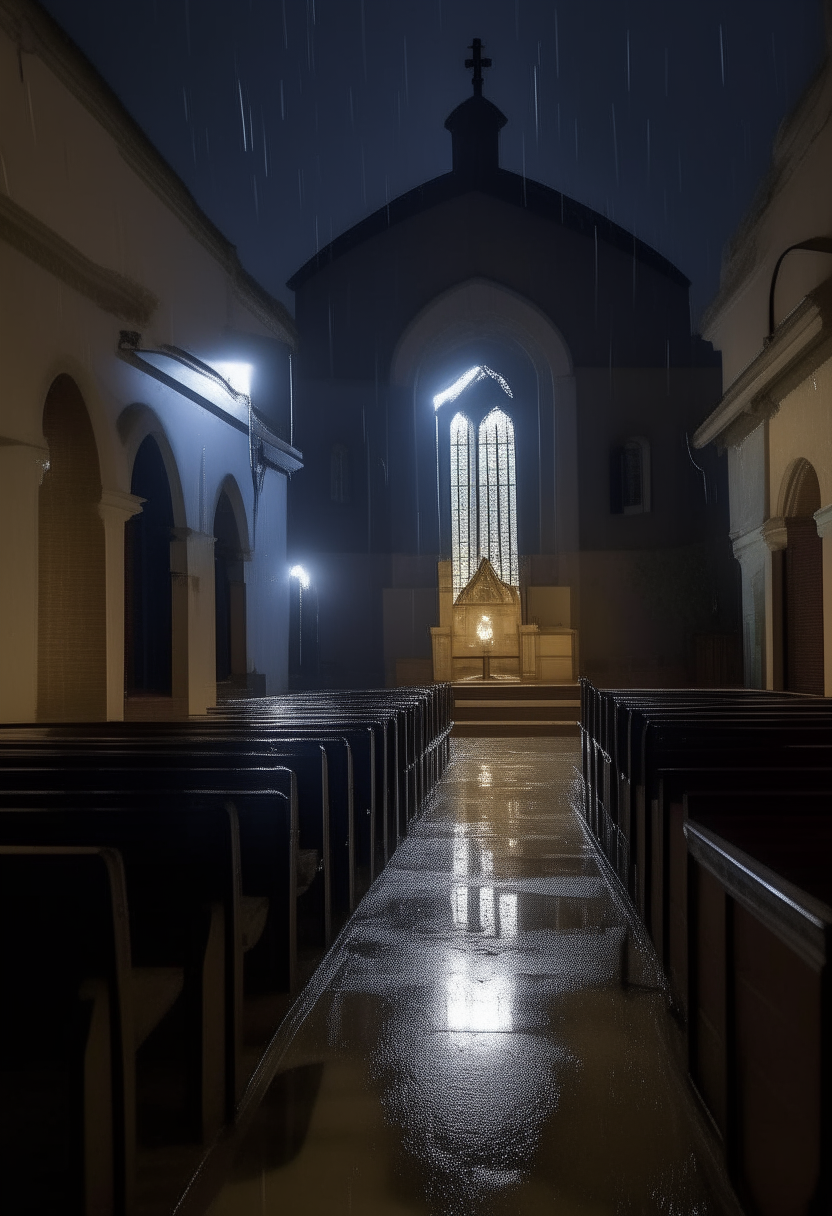 de noche con lluvia y relámpagos, con las ventanas abiertas el interior de una iglesia con la VELA apagada dejando a la iglesia en total oscuridad.