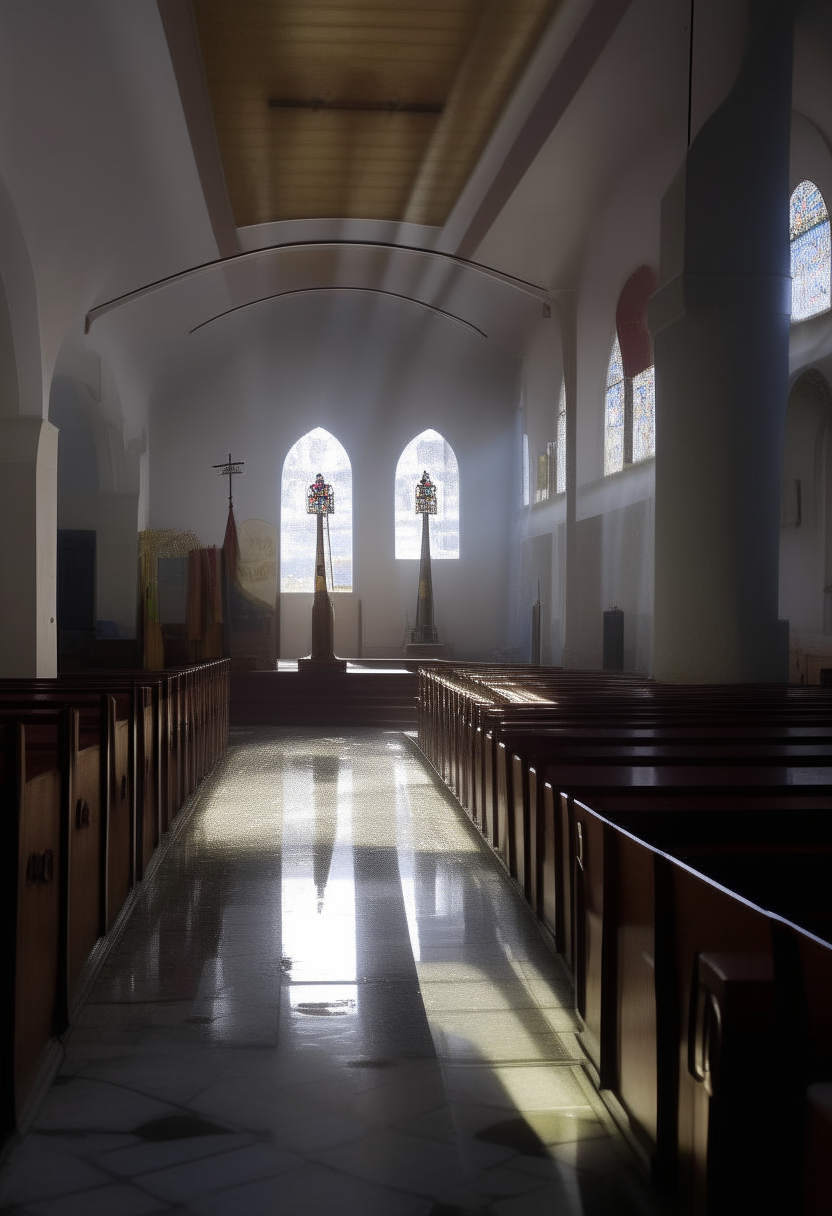 con las ventanas abiertas, fuera relampagos y lluvia, en el interior de una iglesia con la VELA apagada dejando a la iglesia en total oscuridad.