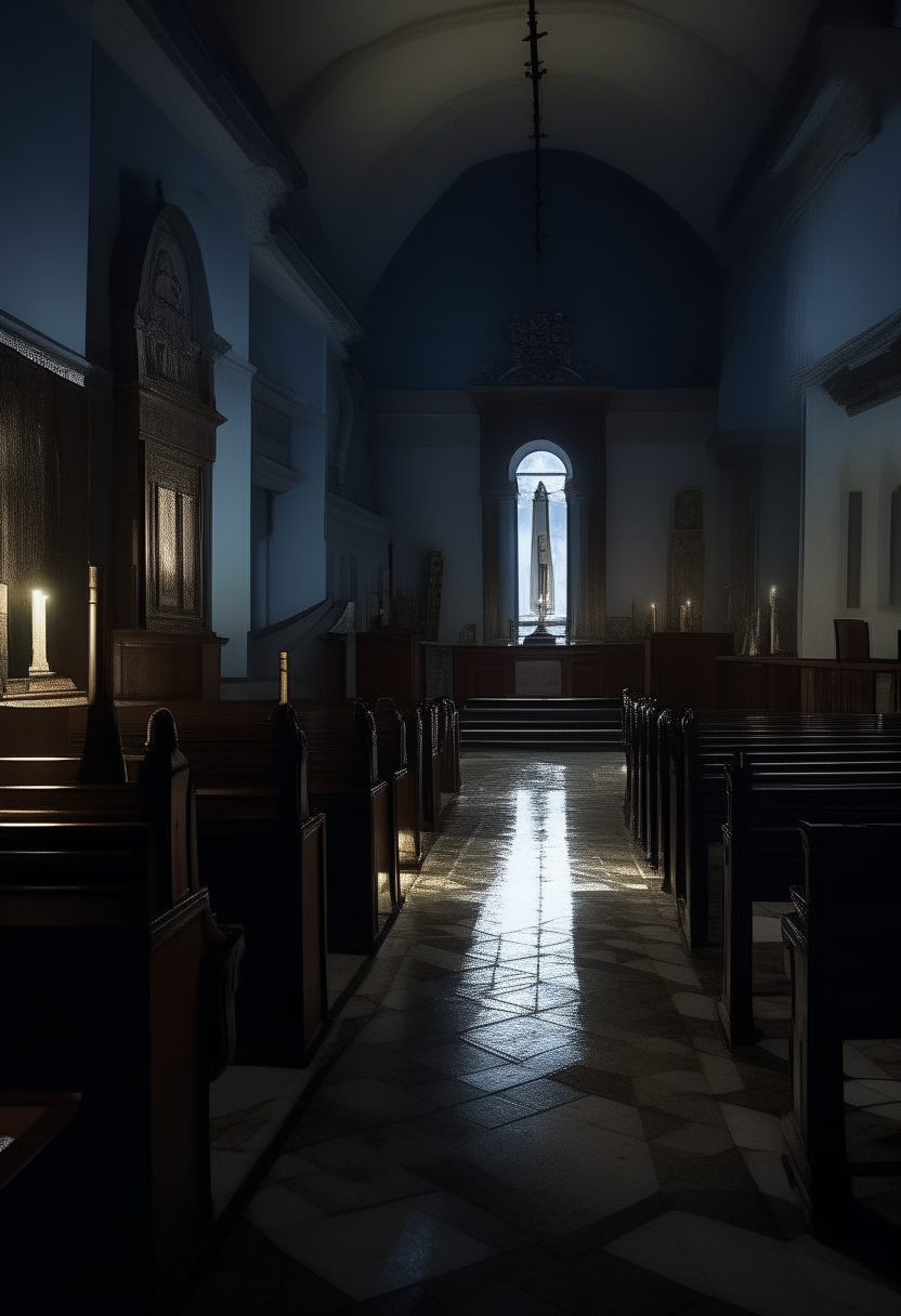 De noche , oscuro, con las ventanas abiertas, fuera relampagos y lluvia, en el interior de una iglesia con la VELA apagada dejando a la iglesia en total oscuridad.