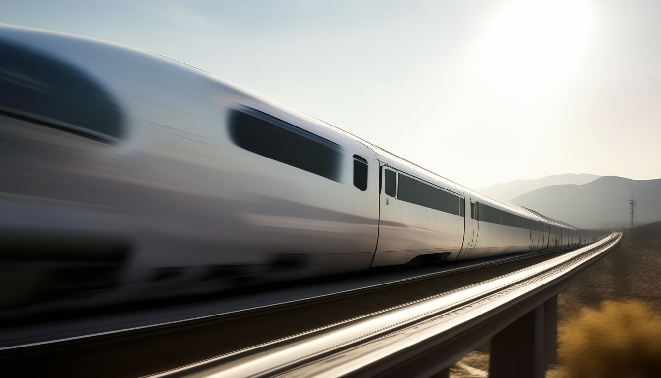 A high speed bullet train is seen from the side as it speeds out of a tunnel into daylight