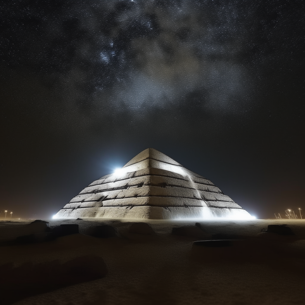 una gran piramide redonda blanca muy luminosa flotando sobre arena negra en una noche estrellada con millones de estrellas brillantes en el cielo