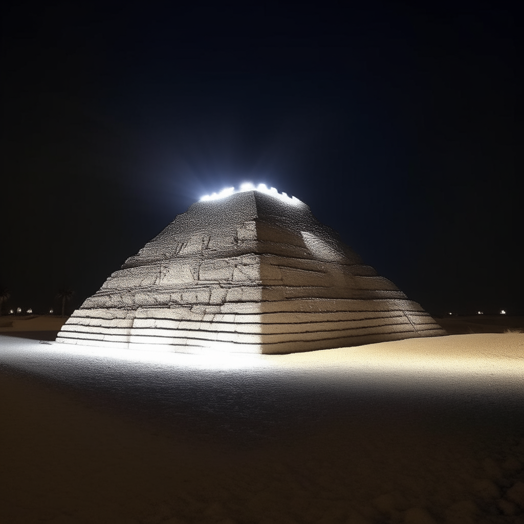 una gran pirámide redonda blanca muy luminosa flotando sobre arena negra en una noche estrellada