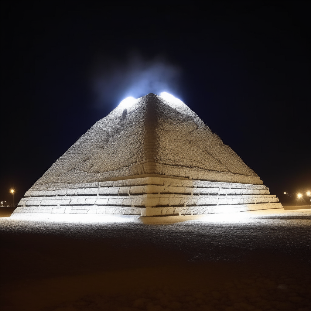 una gran pirámide en forma de cono, blanca y muy luminosa, flotando sobre arena negra en una noche estrellada