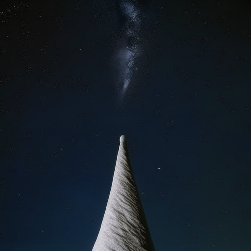 un gran cono ancho de color blanco muy luminoso flotando en un cielo nocturno estrellado