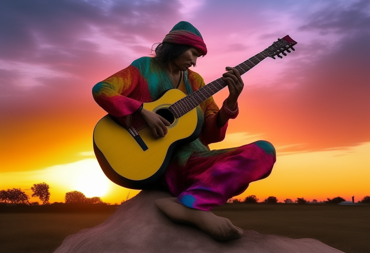 un monje budista tocando la guitarra durante un atardecer surrealista con colores psicodélicos