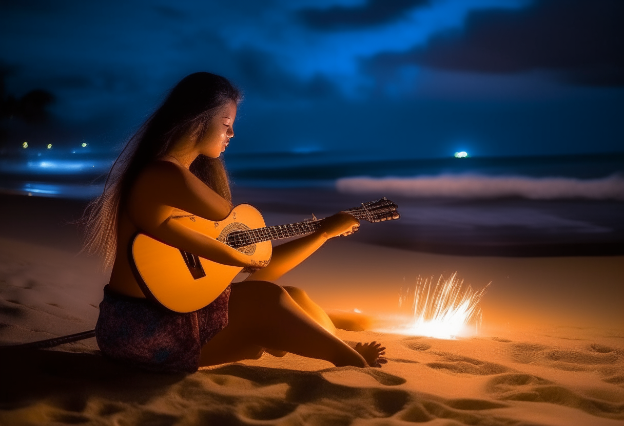 una mujer joven y hermosa tocando la guitarra sentada en la arena de una playa tropical durante la noche, iluminada por el fuego de una gran fogata y un cielo estrellado