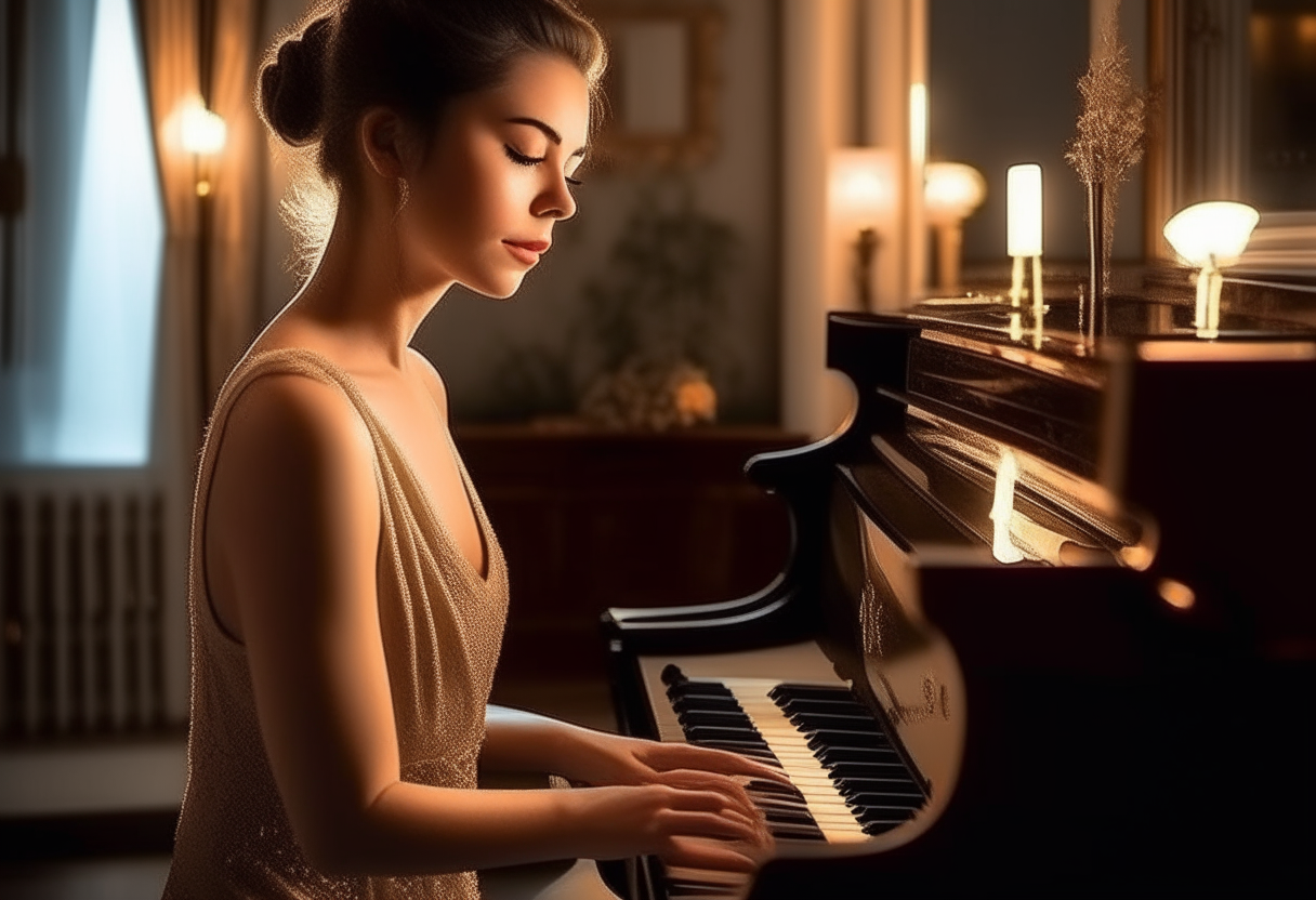 una mujer joven muy bella y con apariencia natural sentada tocando un piano de cola en un elegante salón iluminado