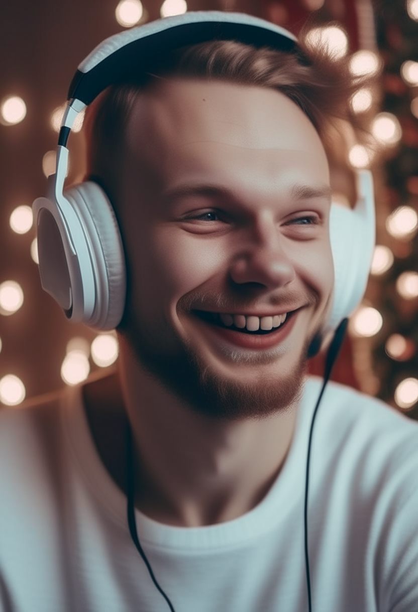 A complete video of a white-skinned man with clear features, listening to music in a festive atmosphere and good mood 
