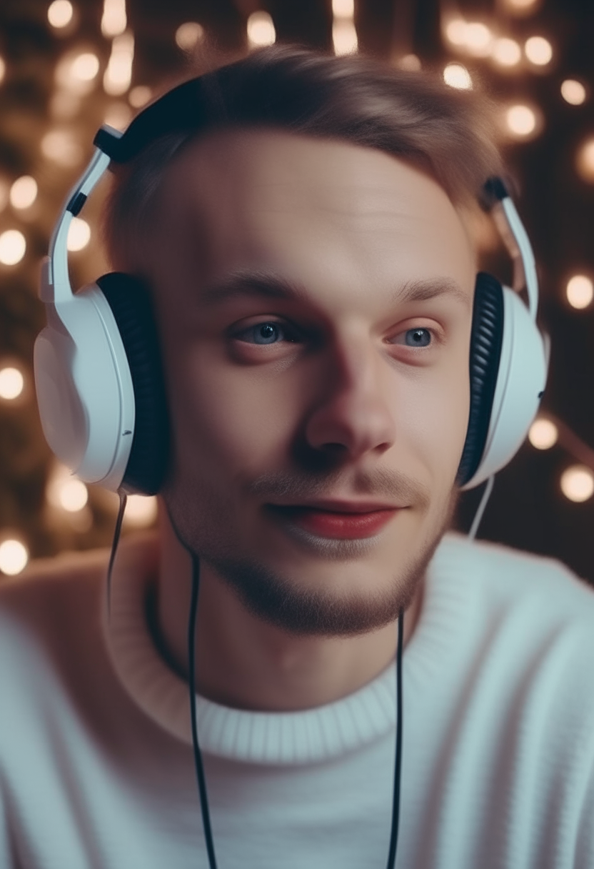 A complete video of a white-skinned man with clear features, listening to music in a festive atmosphere 