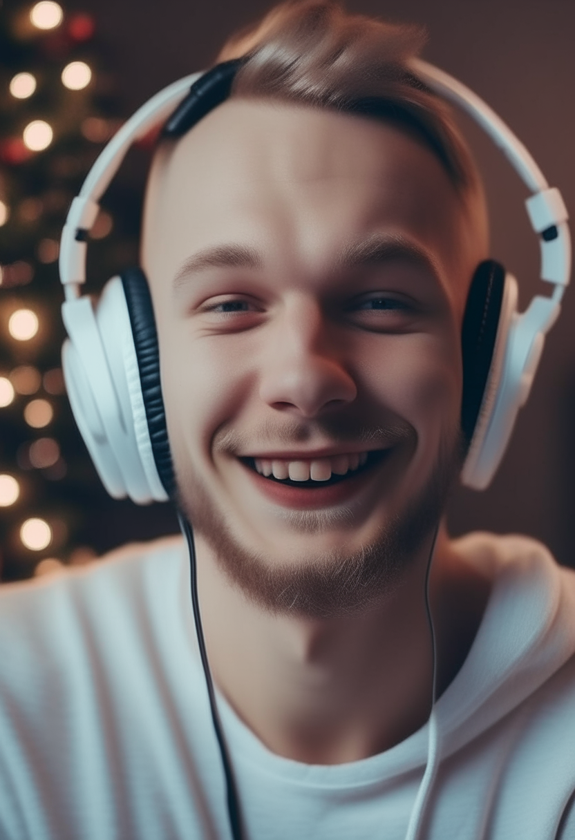 A complete video of a white-skinned man with clear features, listening to music in a festive atmosphere and good mood 